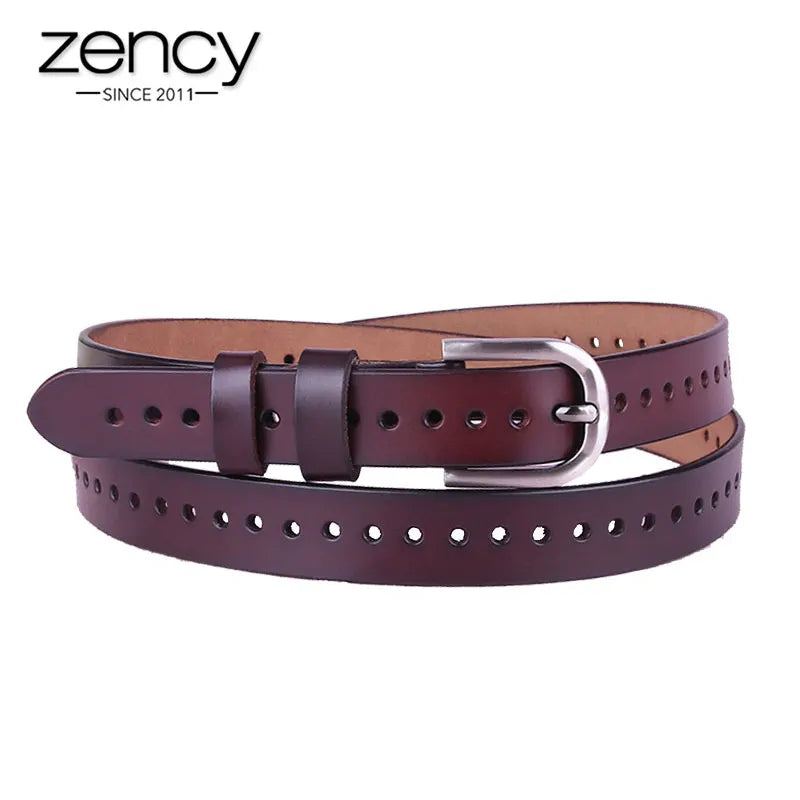 Zency Hollow Out Women's Belt 100% Genuine Leather High Quality Pin Buckle Fashion Decorative Jeans Belt Black White Coffee