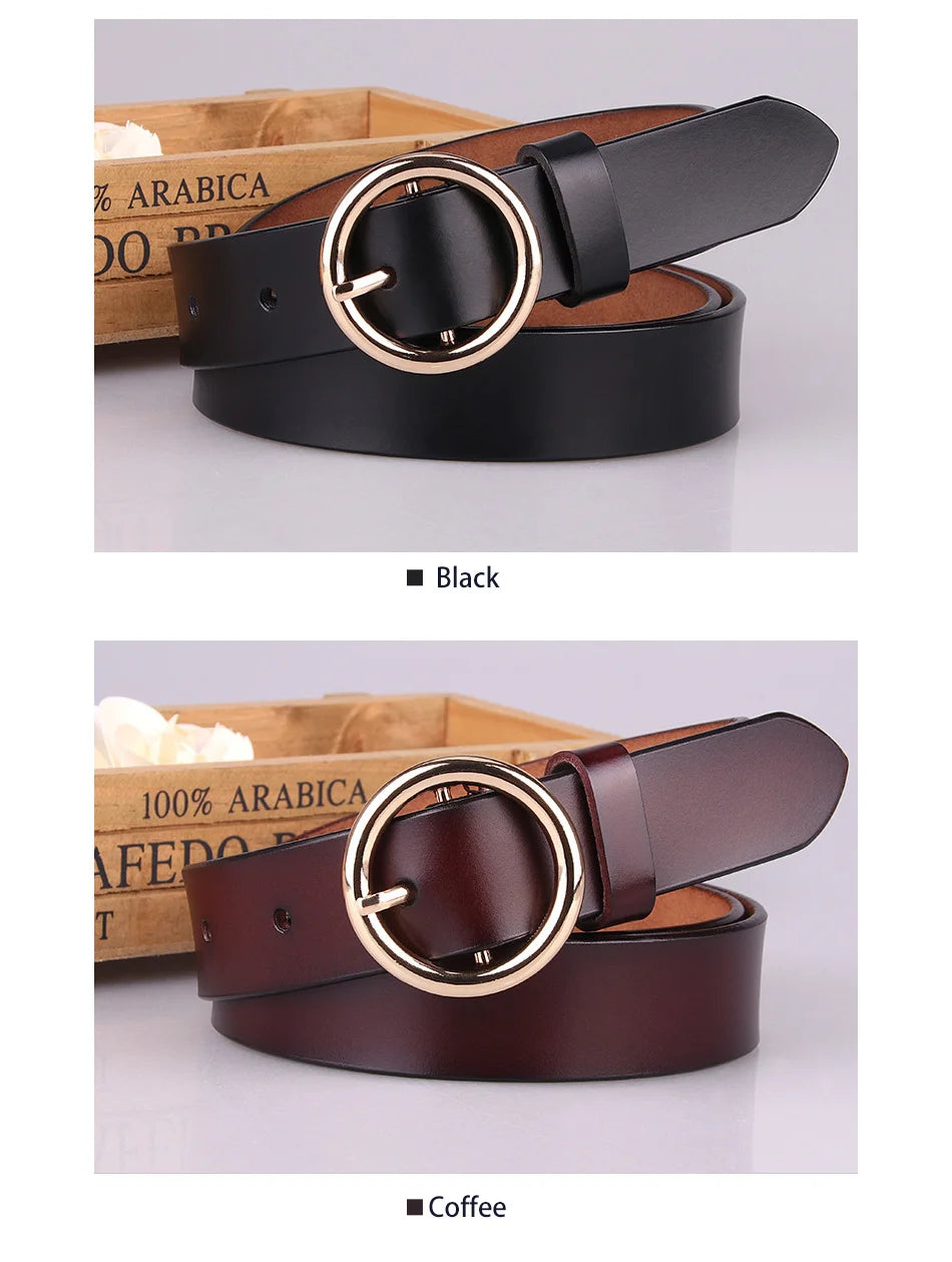 Zency Luxury Brand 100% Genuine Leather Women Belts High Quality Fashion Round Pin Buckle Waist Belt For Jeans Black White Brown