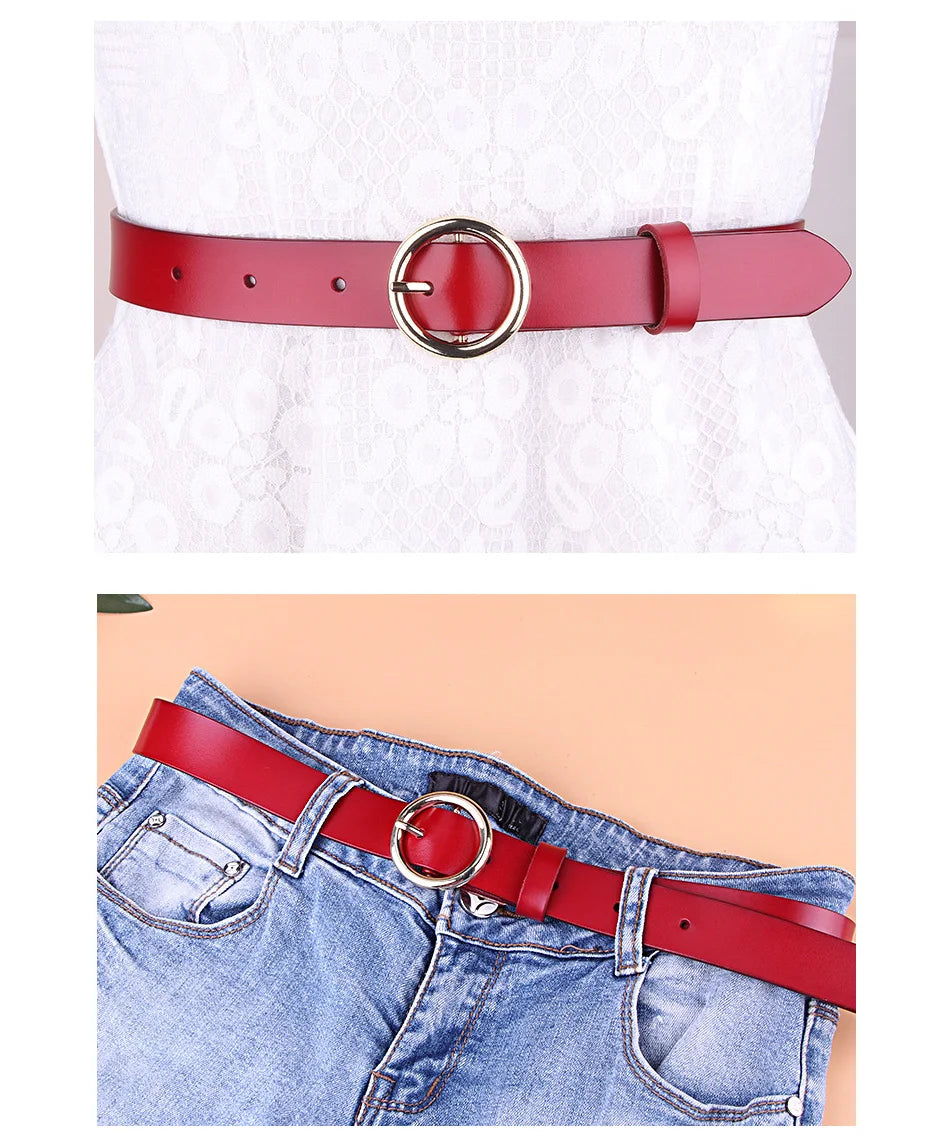 Zency Luxury Brand 100% Genuine Leather Women Belts High Quality Fashion Round Pin Buckle Waist Belt For Jeans Black White Brown