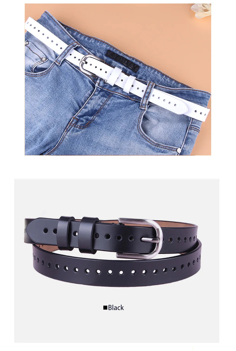 Zency Hollow Out Women's Belt 100% Genuine Leather High Quality Pin Buckle Fashion Decorative Jeans Belt Black White Coffee