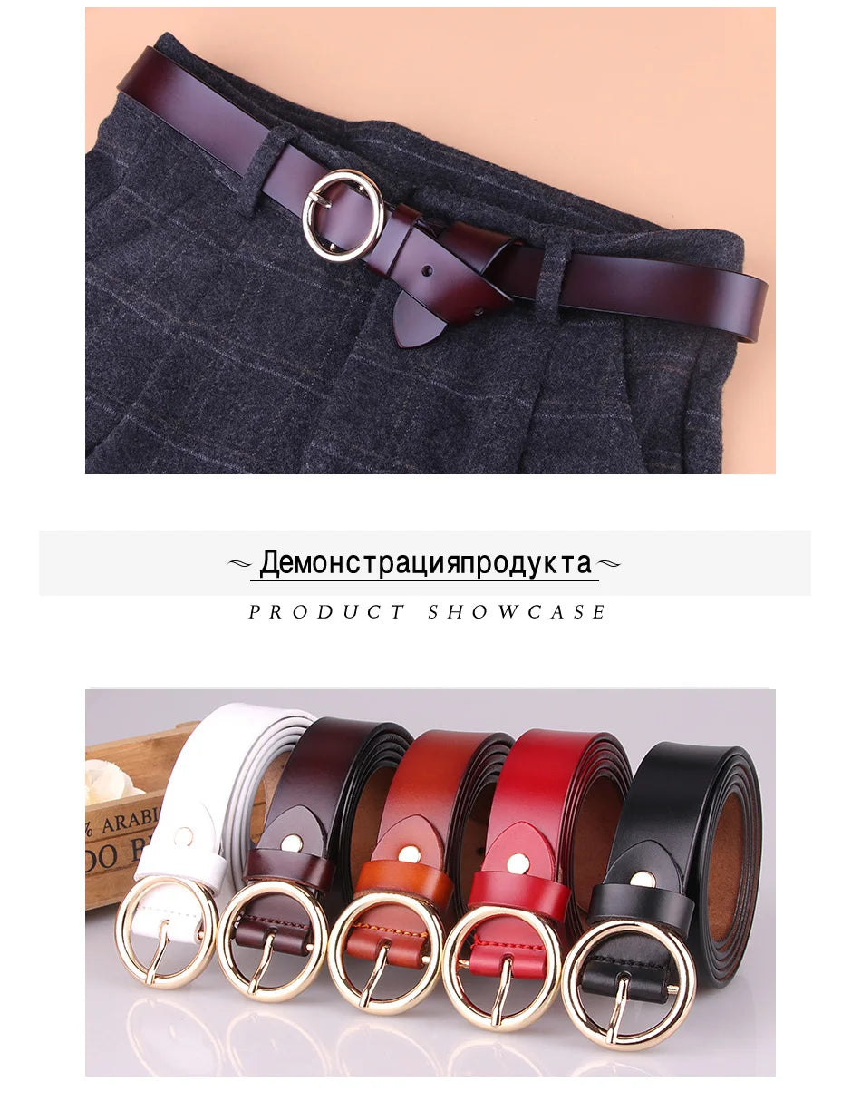 Zency Luxury Brand 100% Genuine Leather Women Belts High Quality Fashion Round Pin Buckle Waist Belt For Jeans Black White Brown