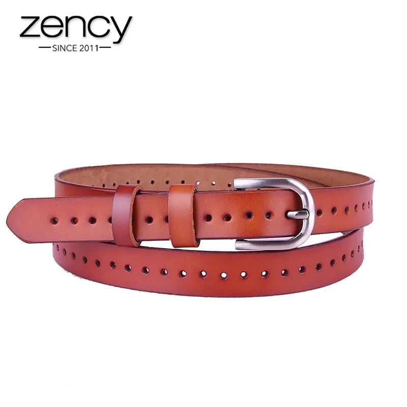 Zency Hollow Out Women's Belt 100% Genuine Leather High Quality Pin Buckle Fashion Decorative Jeans Belt Black White Coffee