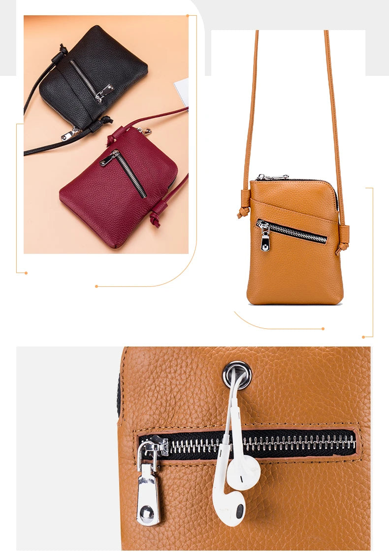 Zency Soft Genuine Leather Handbag Small Design Mobile Phone Wallet High Quality Women's Shoulder Strap Bag Card Holder Bags