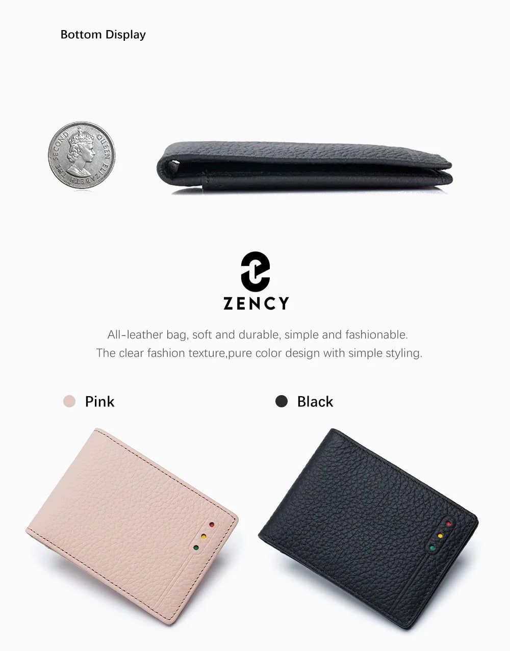 Zency Women's Ultra-thin FIRD Anti-theft Wallet Case Genuine Leather Multi-functional Card Holder Clip Creative Coin Purse